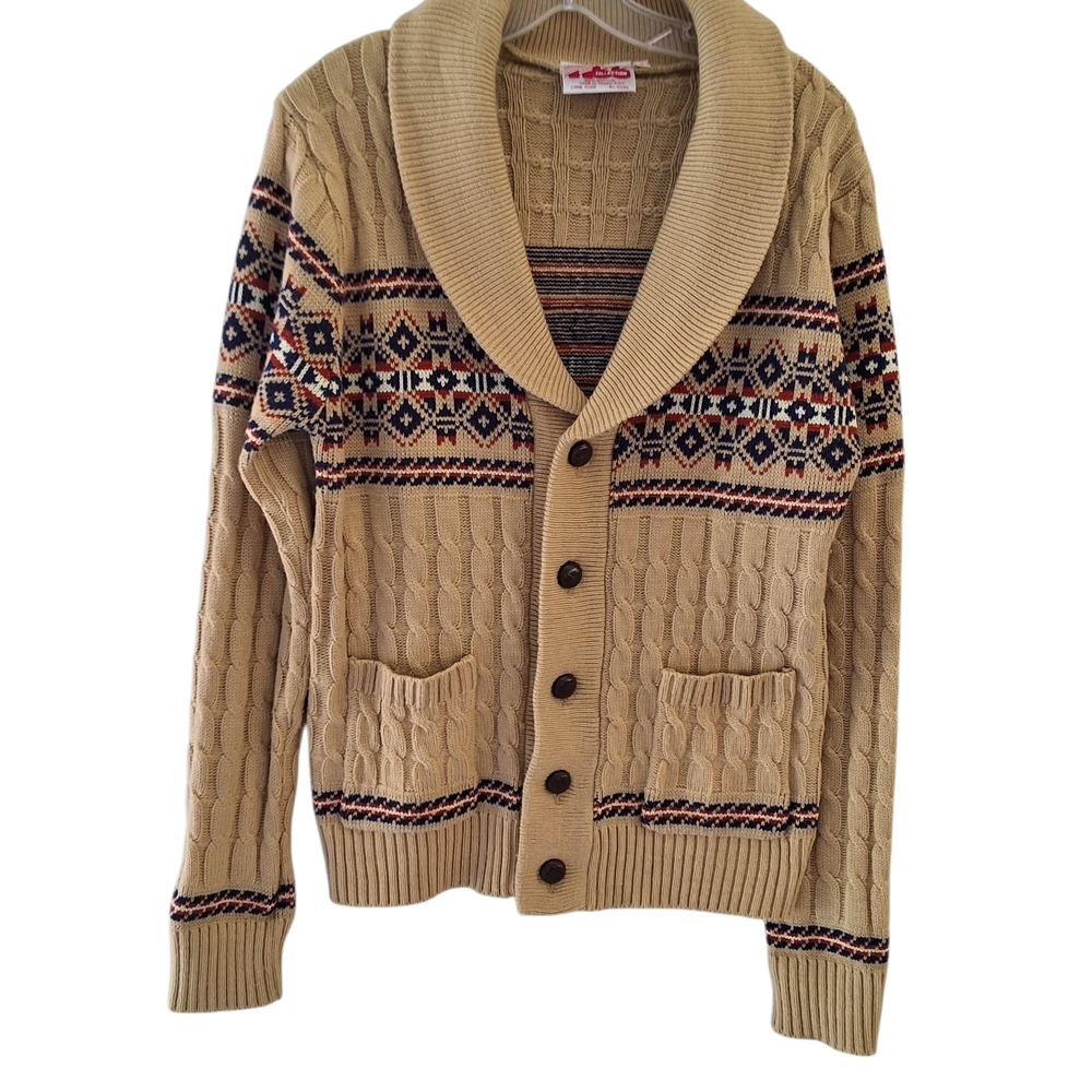 Cozy Tan Patterned Cardigan Sweater.    CAJA. ‎ #.  3